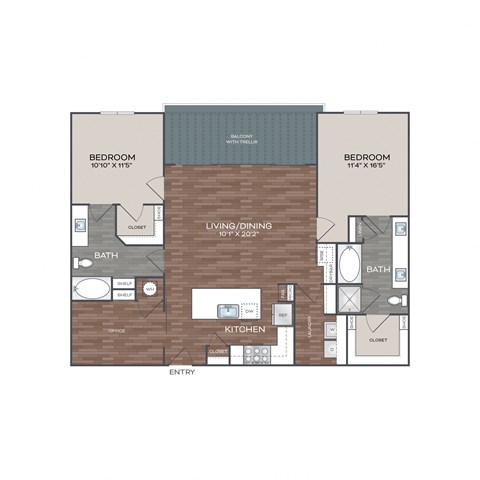 Floor plan for 2 beds, 2 baths, 1321 sqft